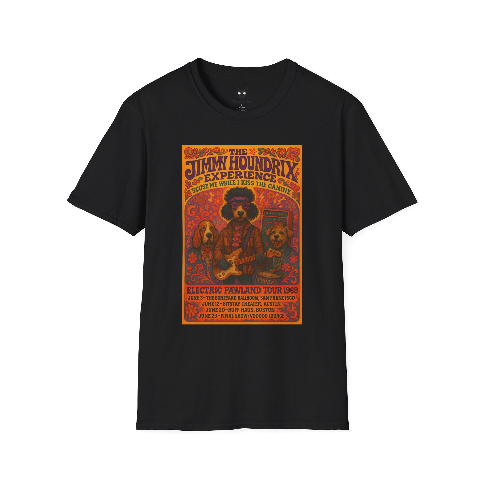 Jimi Hendrix Concert Poster Dog Parody Unisex Softstyle T-Shirt -- Funny Rock Tee for Music and Dog Lovers